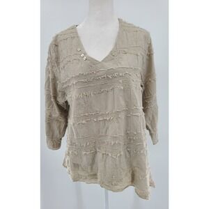 Lulu-B Asymmetrical Women Beige Fringed Tunic Top Medium‎ 3/4 Sleeve Artsy Boho